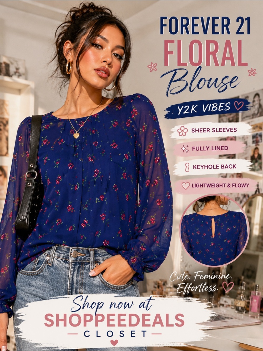 Forever 21 Floral Blouse – Women’s Medium – Blue Sheer Sleeve Top